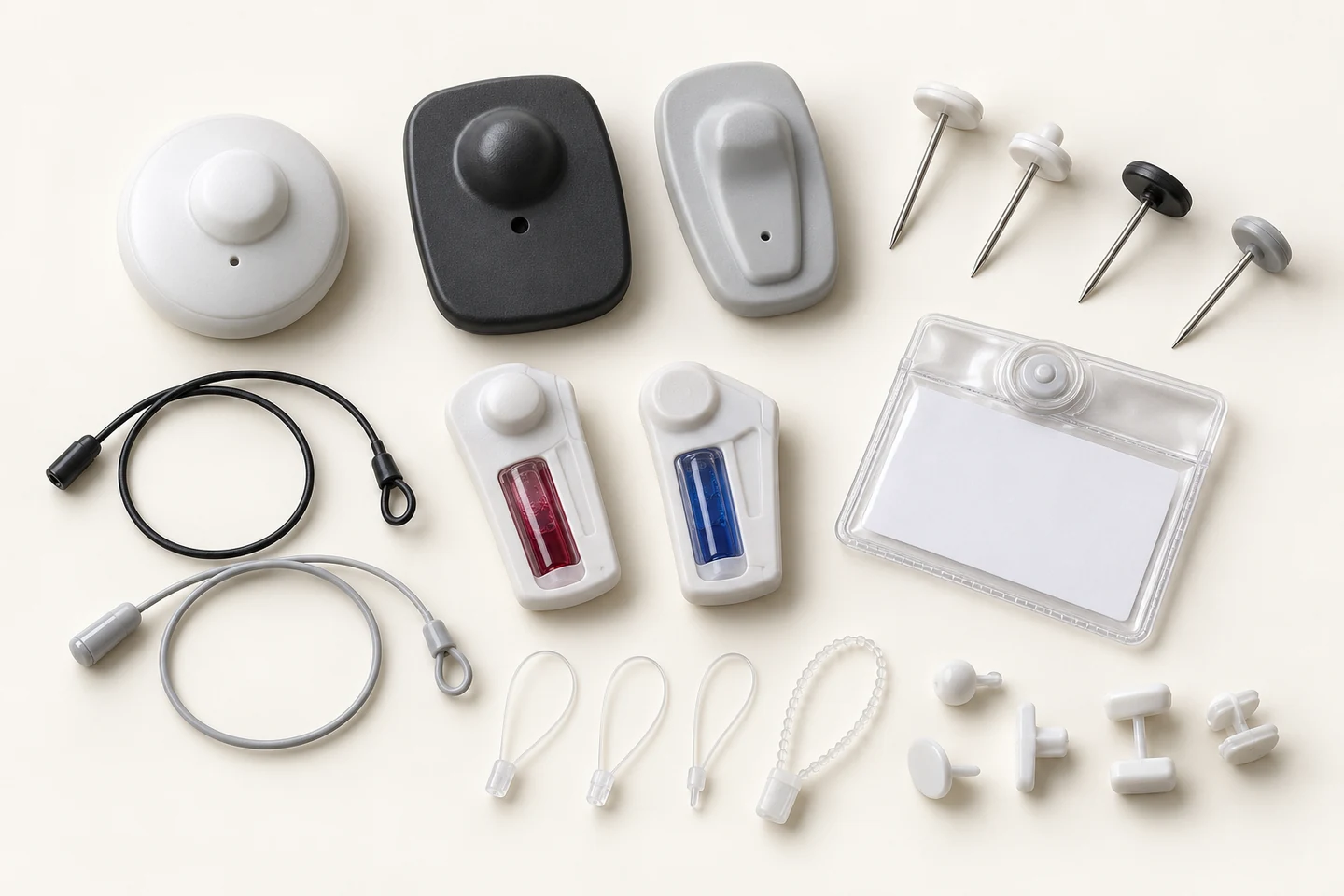Representative hard tags, pins, lanyards, ink tags, pouch tags and fasteners